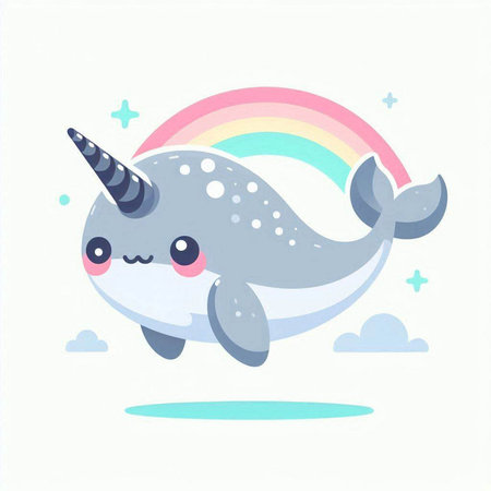 Cute narwhal with rainbow and clouds. Vector illustration.のイラスト素材