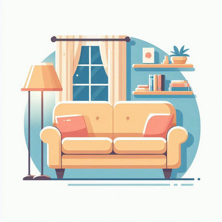 Living room interior with sofa, lamp, bookshelf and window. Flat style vector illustration.のイラスト素材