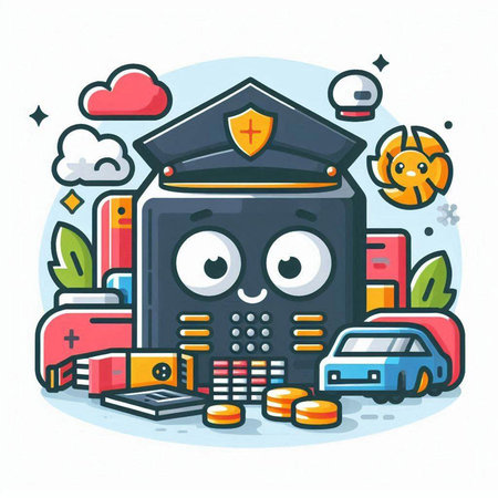 Cartoon illustration of cute police car character. Vector line art illustration.のイラスト素材