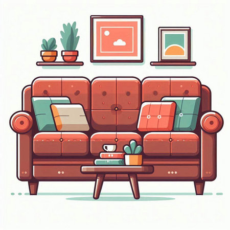 Sofa with cushions and coffee table in flat style. Vector illustration.のイラスト素材