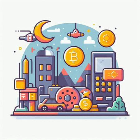 Flat line design modern vector illustration concept of cryptocurrency mining, blockchain technology, digital money transfer, cryptocurrency mining.のイラスト素材
