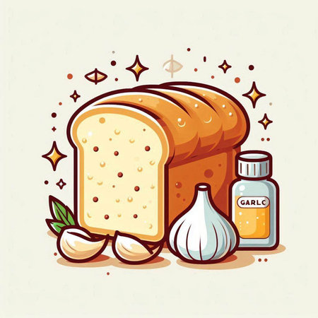 Illustration of a loaf of bread, garlic, olive oil and a glass bottleのイラスト素材