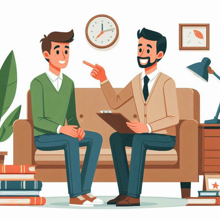 Two businessmen sitting on sofa and discussing something. Vector illustration in cartoon styleのイラスト素材