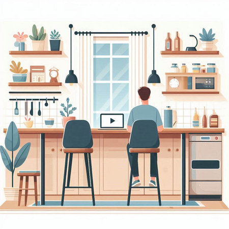 Man sitting at the kitchen table and working on laptop. Flat style vector illustration.のイラスト素材