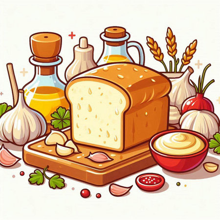 Illustration of bread and ingredients for cooking on a white background.のイラスト素材