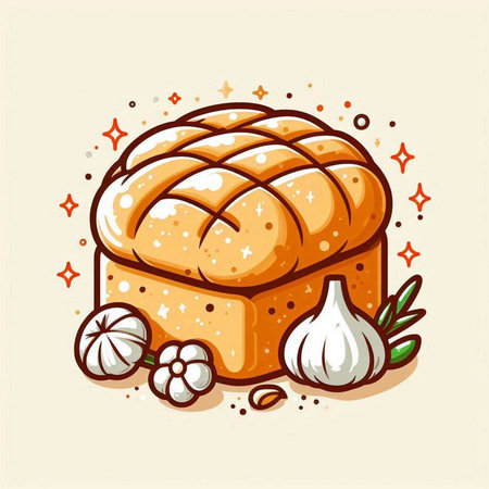 Illustration of a loaf of bread with garlic and cloves on a light backgroundのイラスト素材