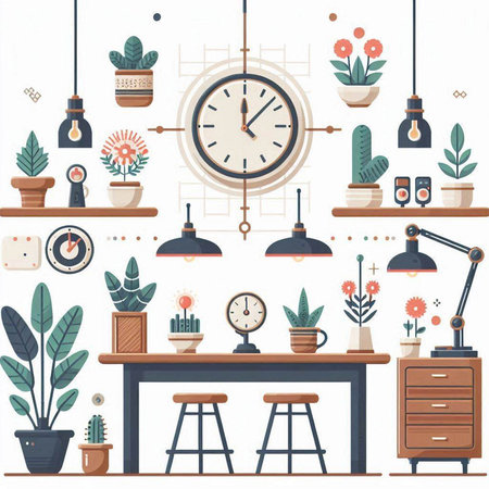 Flat design vector illustration of a home office interior with furniture and plants.のイラスト素材