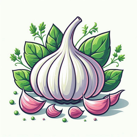 Garlic with leaves and spices. Vector illustration on white background.のイラスト素材