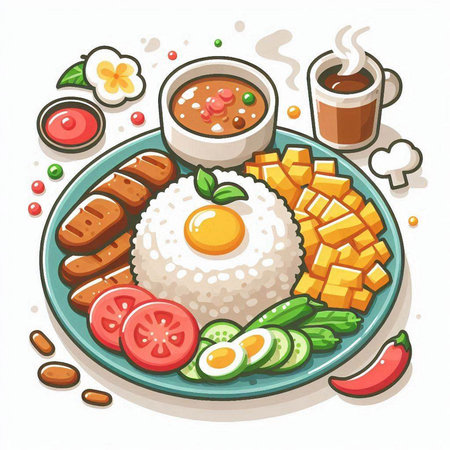 Illustration of a plate of rice with fried egg, vegetables and coffeeのイラスト素材