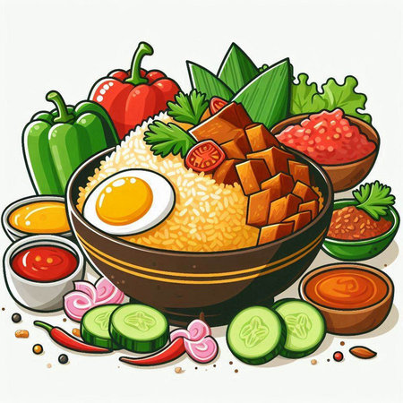 Illustration of a bowl of rice with beef, egg and vegetablesのイラスト素材