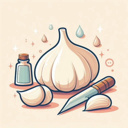 Garlic and a bottle of oil on a light background. Vector illustrationのイラスト素材