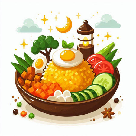 Vector illustration of a bowl of couscous with vegetables and eggs.のイラスト素材