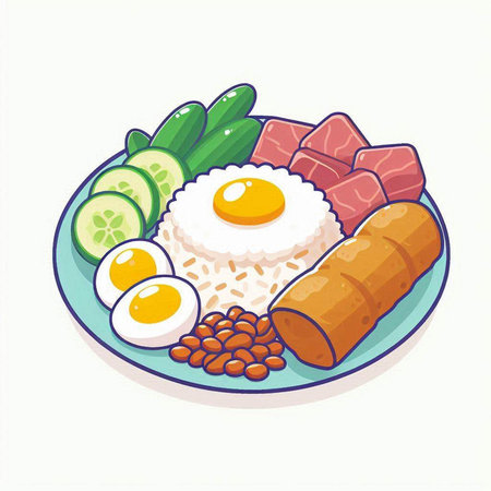 Illustration of a plate with rice, egg, sausage and beansのイラスト素材