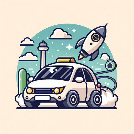 Vector illustration of a taxi in the sky with clouds and rocket.のイラスト素材