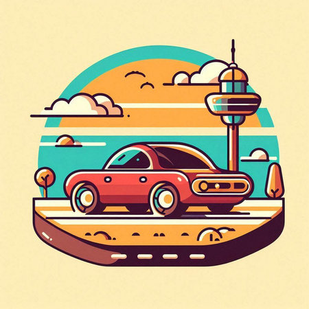 Retro car on the road in the city. Vector illustration.のイラスト素材