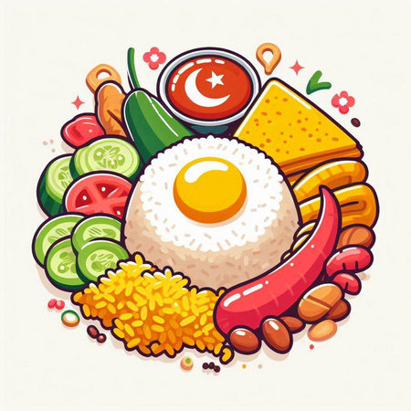 Vector illustration of traditional turkish cuisine with rice, fried egg, vegetables and spices.のイラスト素材