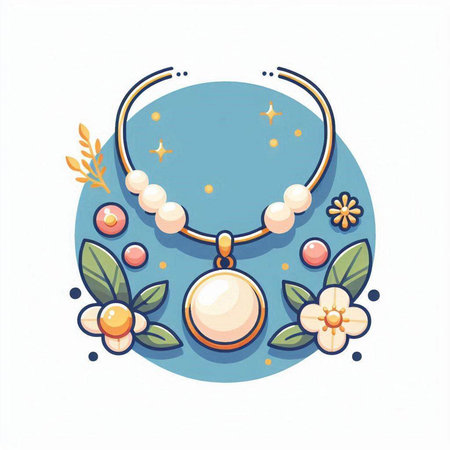 Necklace with pearls and flowers on blue background. Vector illustration.のイラスト素材