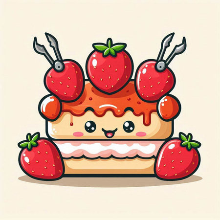 Cute strawberry cake cartoon character vector illustration. Cute strawberry cake mascot designのイラスト素材