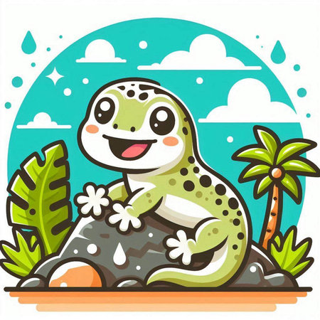 Cute cartoon frog sitting on a stone in the jungle. Vector illustration.のイラスト素材