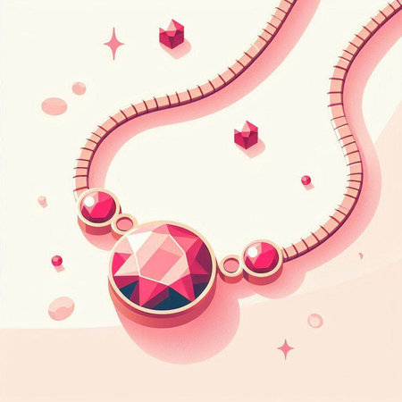 Illustration of a pink diamond necklace on a white background with geometric shapesのイラスト素材