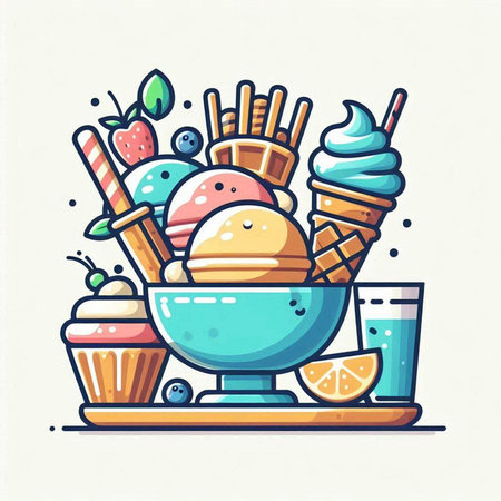 Colorful ice cream vector illustration in line art style. Ice cream icon.のイラスト素材