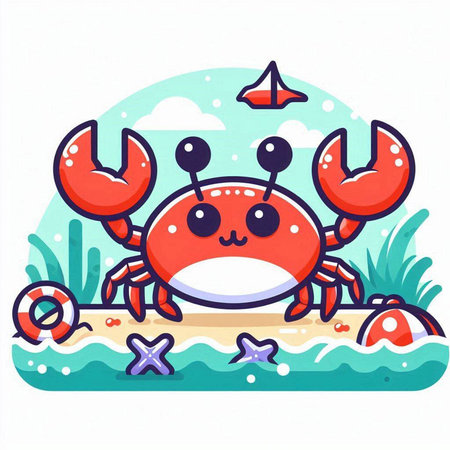Cute crab on the seashore. Vector illustration in cartoon styleのイラスト素材