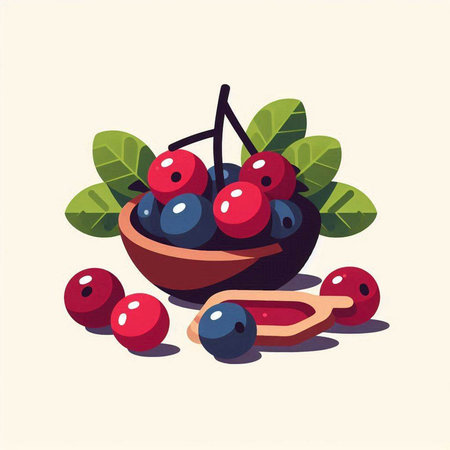 Ripe berries in a bowl. Vector illustration in flat style.のイラスト素材