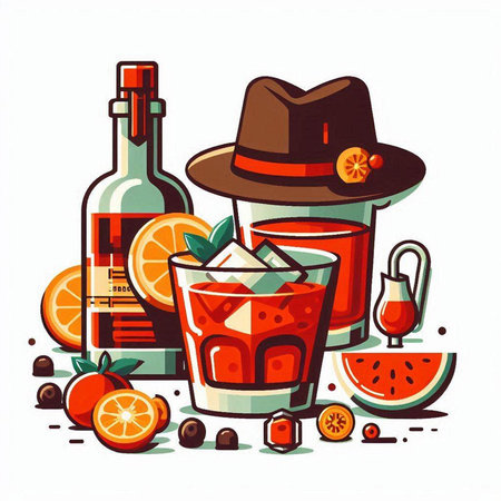 Alcoholic drinks set. Vector illustration in cartoon style. Cocktail in a glass, rum, vodka, orange, grapefruit, ice cubes and hat.のイラスト素材