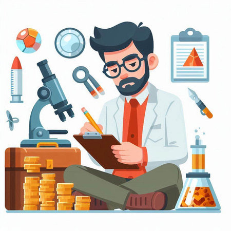 Scientist working with microscope in laboratory. Vector illustration in cartoon styleのイラスト素材