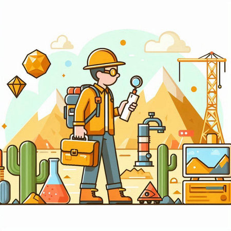 Vector illustration of a man working in the desert with a map and a mapのイラスト素材