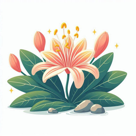 Lily flower with leaves and stones isolated on white background. Vector illustration.のイラスト素材