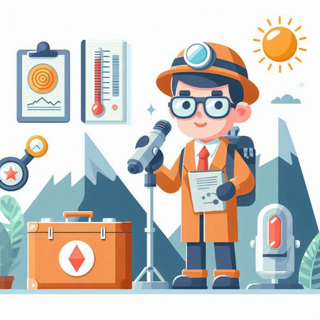 Cartoon vector illustration of scientist or engineer in helmet and glasses holding a magnifying glass.のイラスト素材