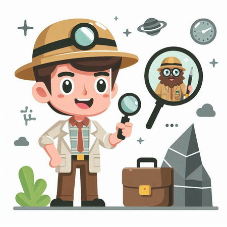 Explorer with magnifying glass and briefcase. Vector illustration.のイラスト素材