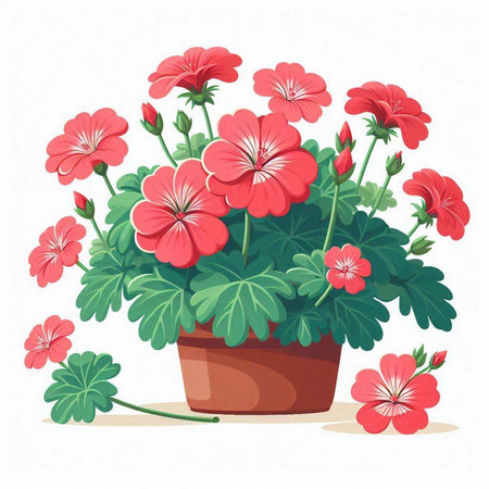 Geranium flowers in pot isolated on white background. Vector illustration.のイラスト素材