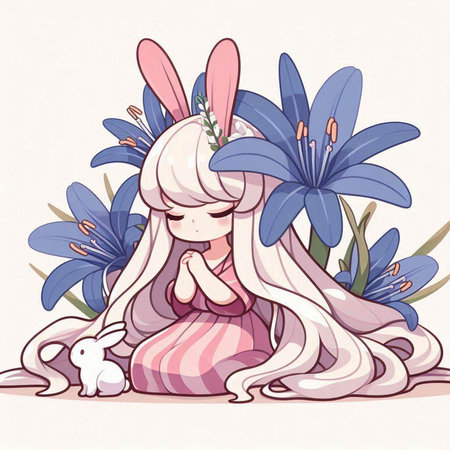 Illustration of a Cute Little Bunny with Flowers in the Backgroundのイラスト素材