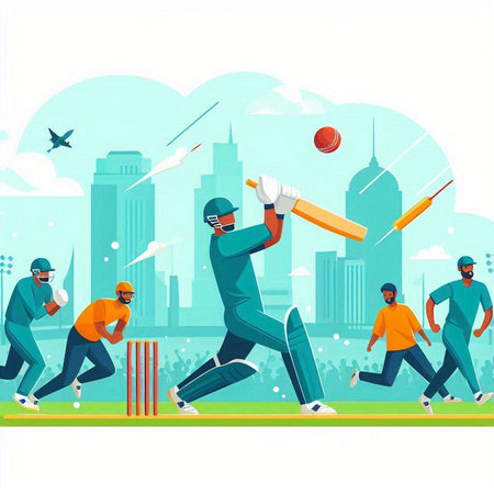 Cricket players playing cricket on city background. Vector illustration.のイラスト素材
