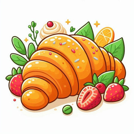 Croissant with fruits and berries isolated on white background. Vector illustration.のイラスト素材