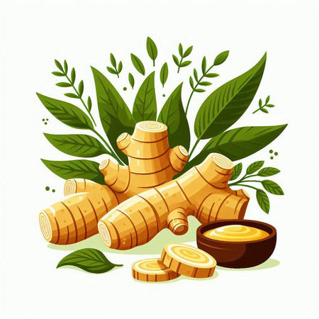 Ginger root with leaves and honey. Vector illustration of ginger root.のイラスト素材
