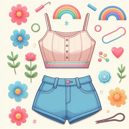 Set of summer clothes and accessories. Vector illustration in retro style.のイラスト素材