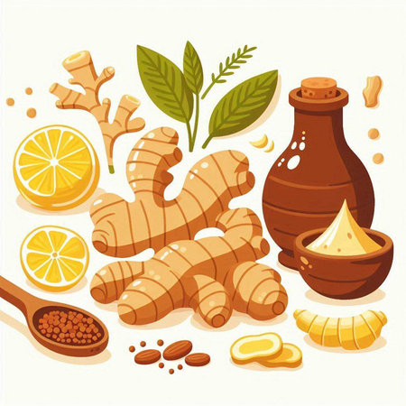 Ginger, lemon, honey, ginger root. Vector illustration.のイラスト素材