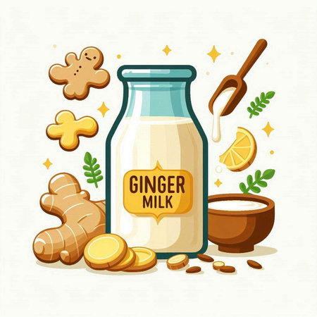 Ginger milk in a glass jar and ingredients. Vector illustration.のイラスト素材