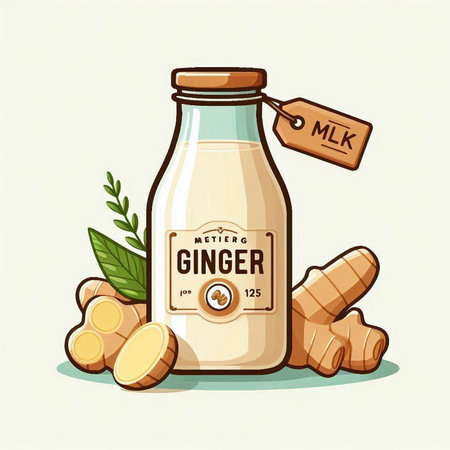 Ginger milk bottle with label and ginger root. Vector illustration.のイラスト素材