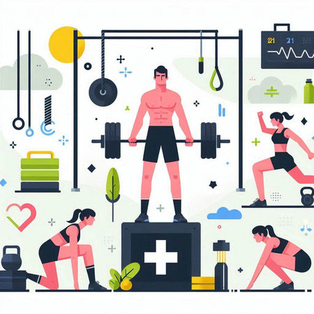 Healthy lifestyle concept with man and woman doing exercises. Vector illustration in flat styleのイラスト素材