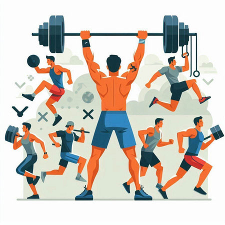 Fitness people working out and exercising. Vector illustration in flat cartoon styleのイラスト素材