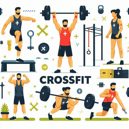 Crossfit sport gym background with people doing exercises. Flat vector illustration.のイラスト素材