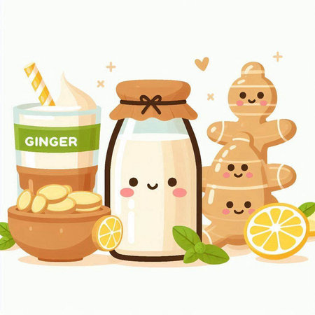 Cute ginger milk, lemon and ginger cookies. Vector illustration.のイラスト素材