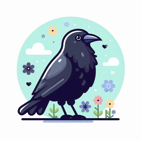Cute black crow on a background of flowers. Vector illustration.のイラスト素材