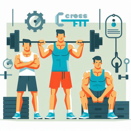 Man and woman lifting weights in gym. Flat style vector illustration.のイラスト素材