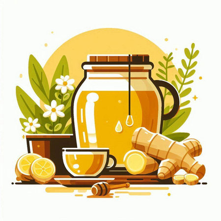 Ginger tea with lemon and honey in glass jar. Vector illustration.のイラスト素材