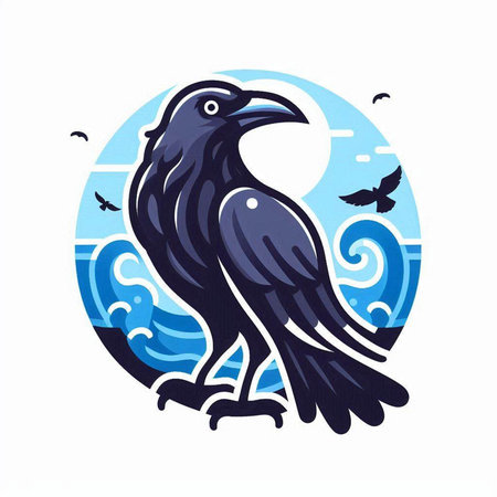 Crow on the background of the sea and sky. Vector illustration.のイラスト素材
